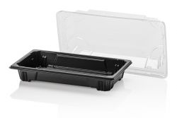 PS Sushi tray black 140x80x21,5 + OPS lid TRP combi