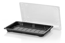 PS Sushi tray black 216x135 + OPS lid TRP combi