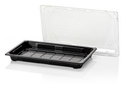 PS Sushi tray black 238x145x23 + OPS lid TRP combi